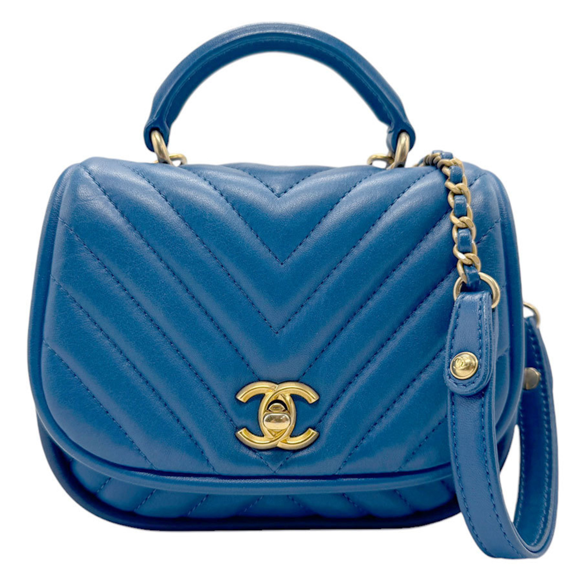 CHANEL Handbag Shoulder Bag V Stitch Leather Blue Gold Women's n0337