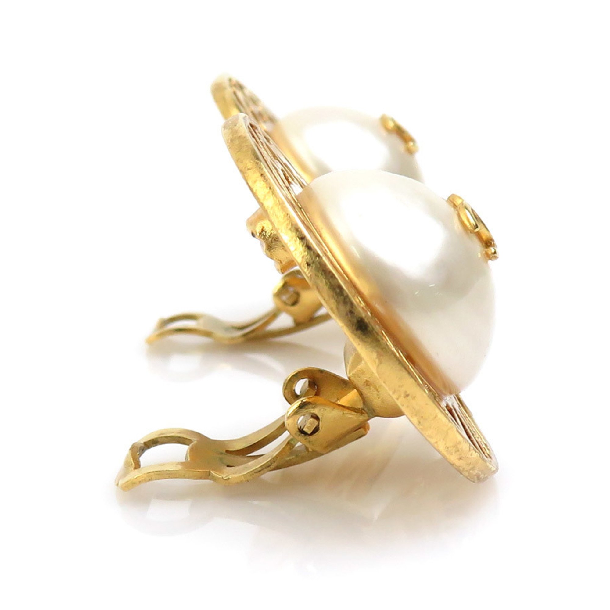 CHANEL Earrings Coco Mark Metal Faux Pearl Gold Off-White Women's e59149g