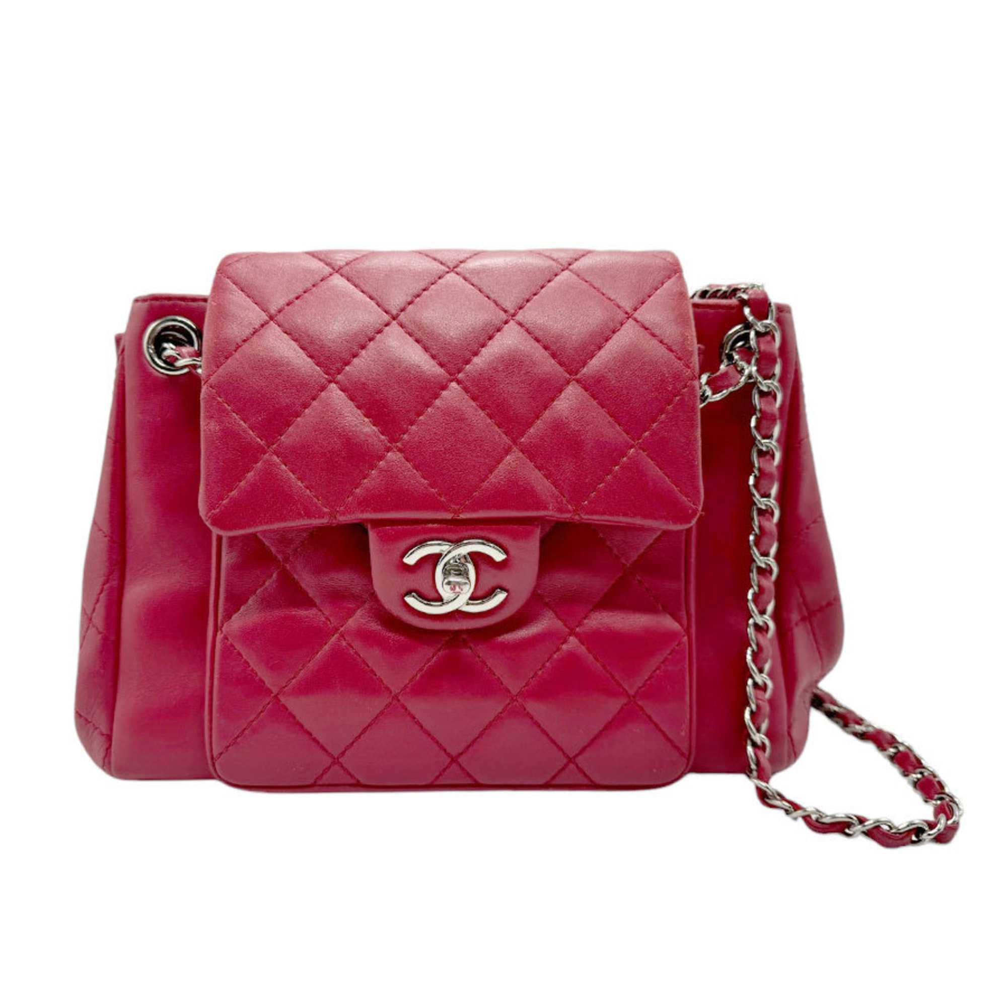 CHANEL Shoulder Bag Lambskin Red Silver Women's n0339