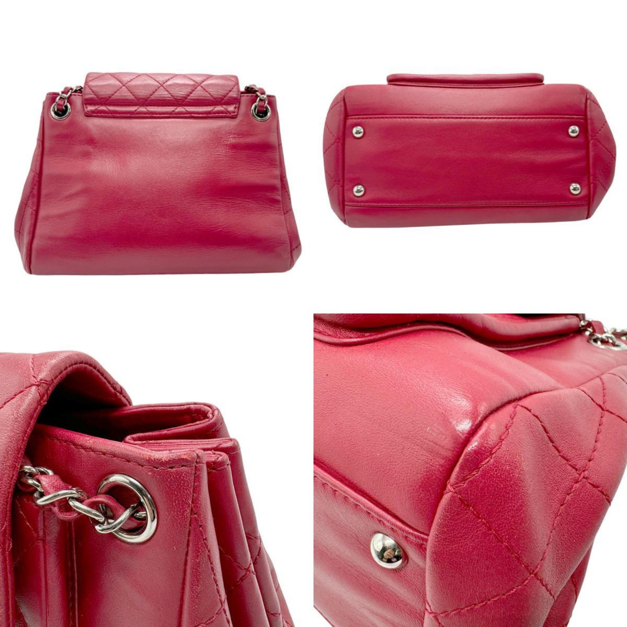 CHANEL Shoulder Bag Lambskin Red Silver Women's n0339