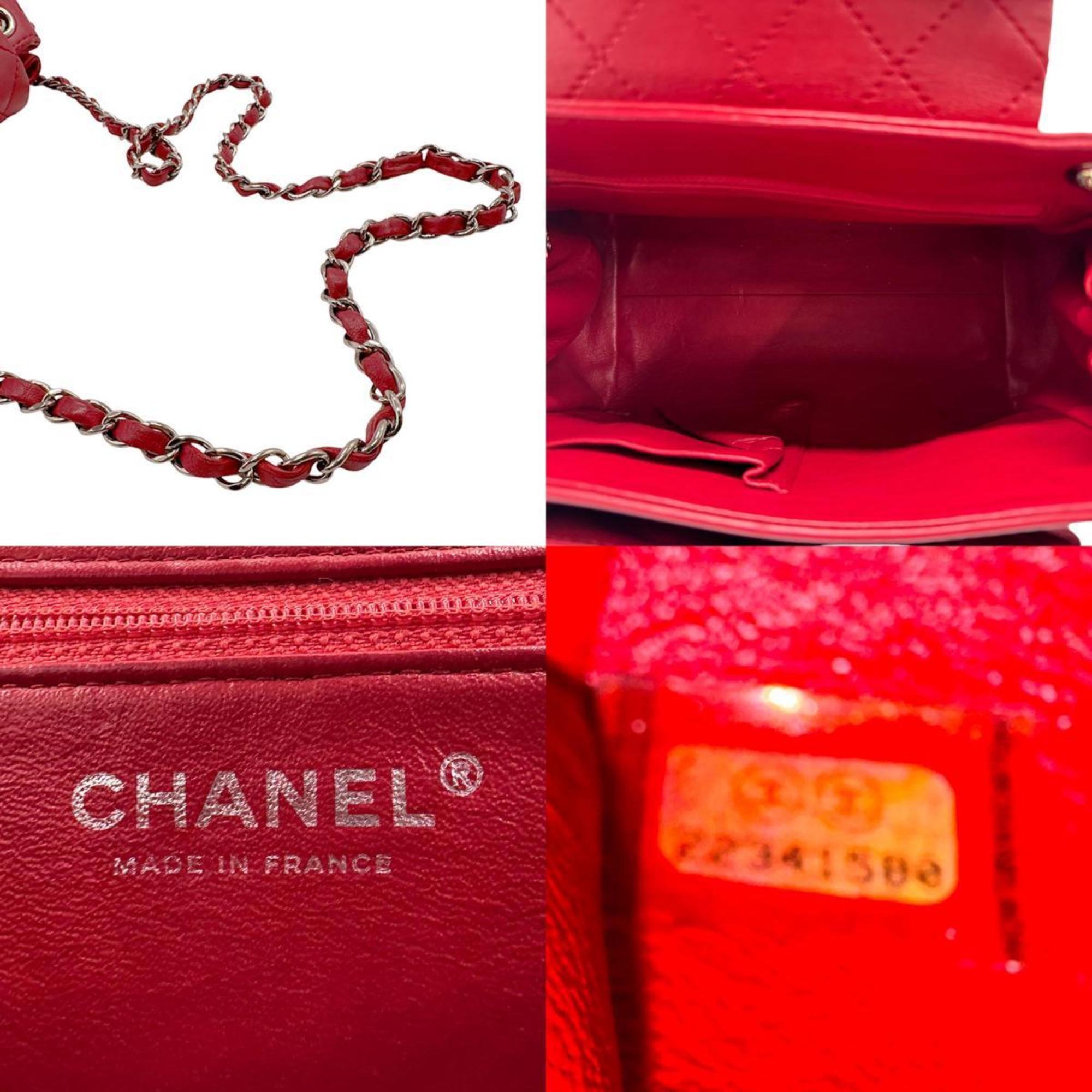 CHANEL Shoulder Bag Lambskin Red Silver Women's n0339