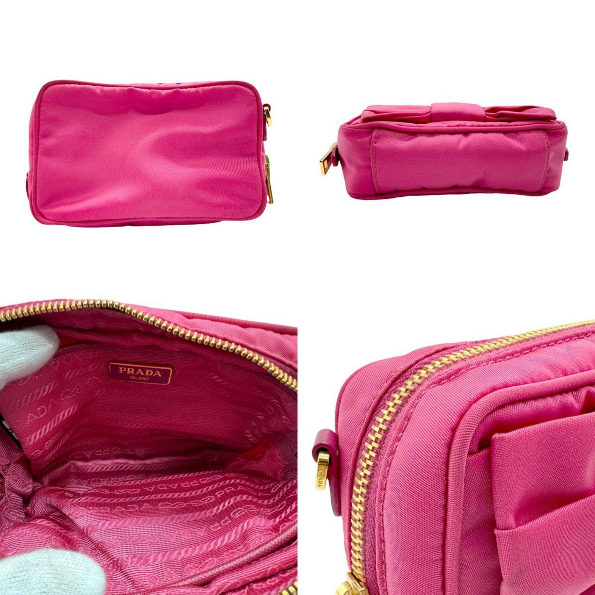 PRADA Shoulder Bag Ribbon Nylon Leather Pink Magenta Gold Women's z2297