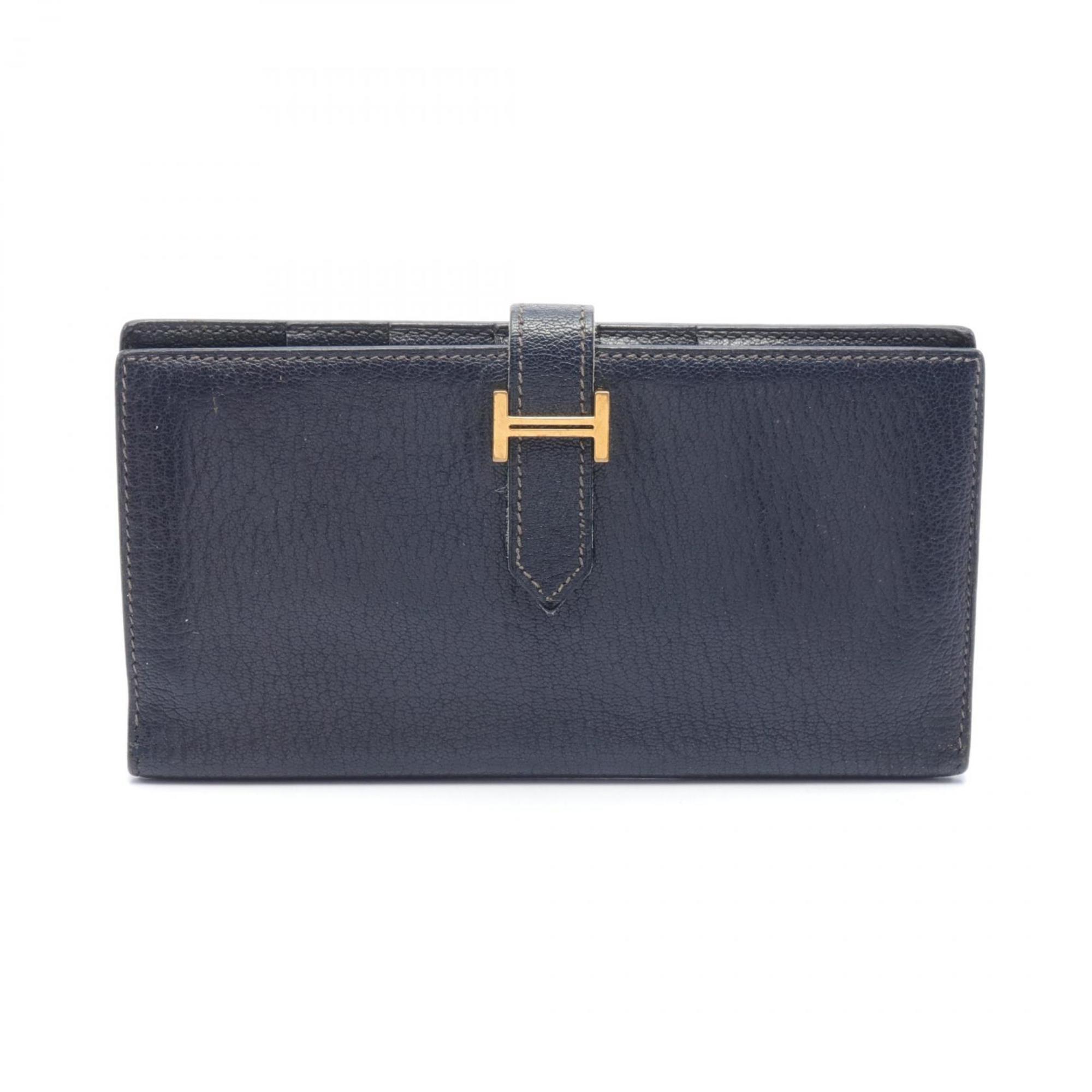 Hermes HERMES Bearn Soufflet Bi-fold Long Wallet Chevre Women's Navy