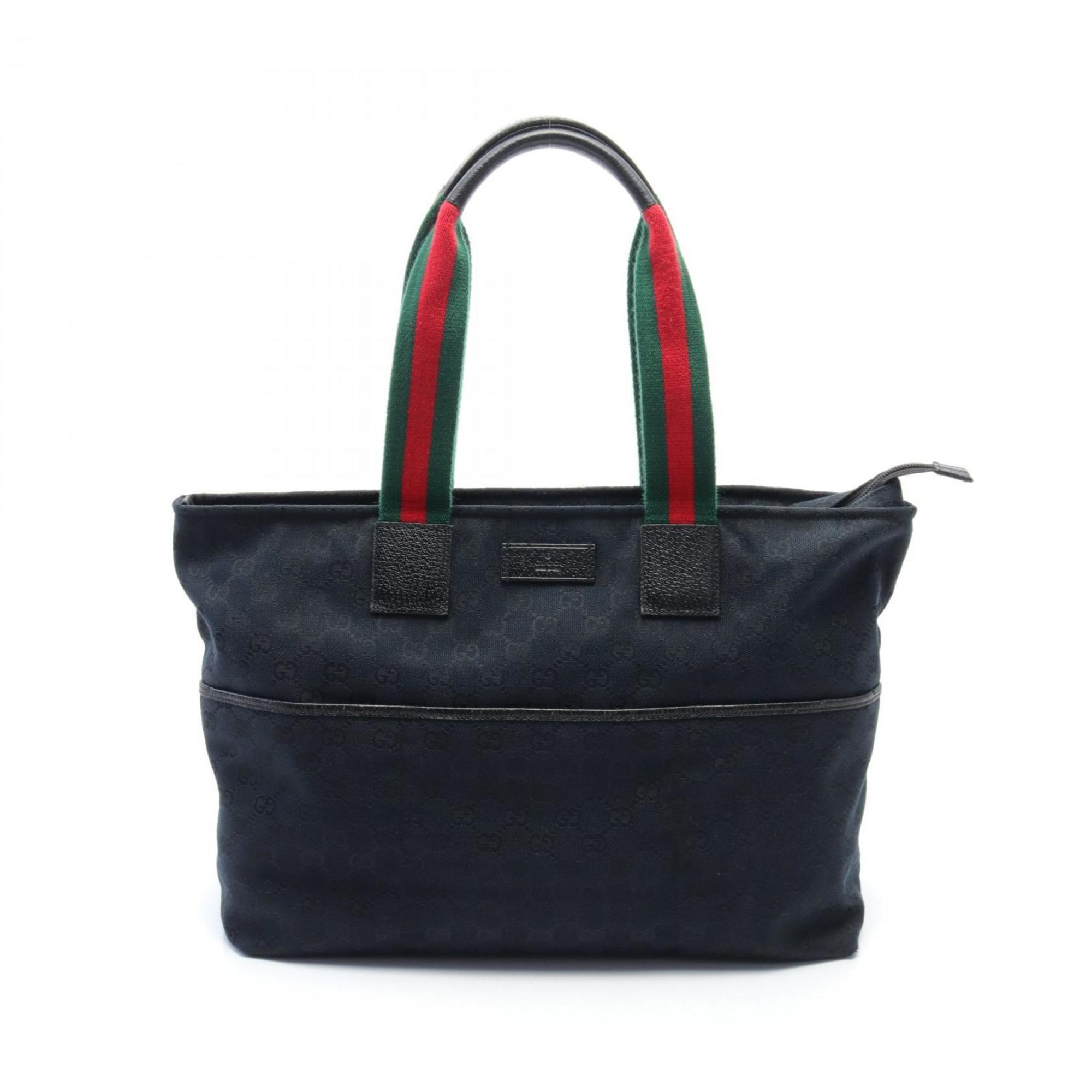 Gucci GG Canvas Webbing Line Tote Bag Leather Women's Black Green Red 155524