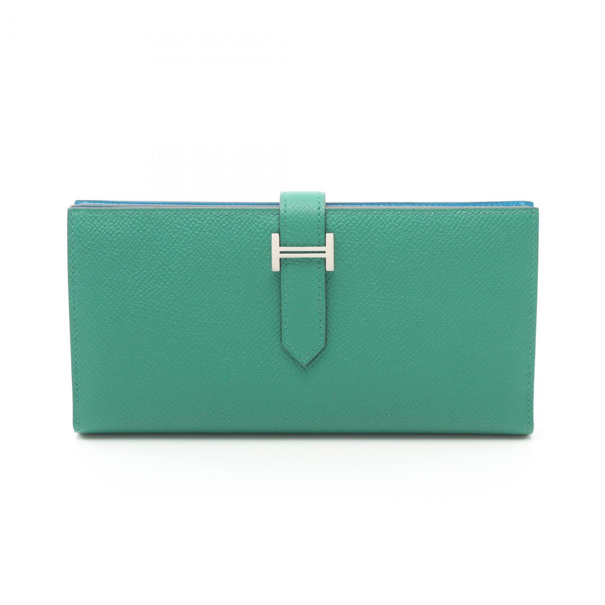 Hermes HERMES Bearn Soufflet Verso Bi-fold Long Wallet Epsom Leather Women's Green Blue