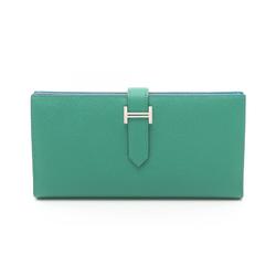 Hermes HERMES Bearn Soufflet Verso Bi-fold Long Wallet Epsom Leather Women's Green Blue