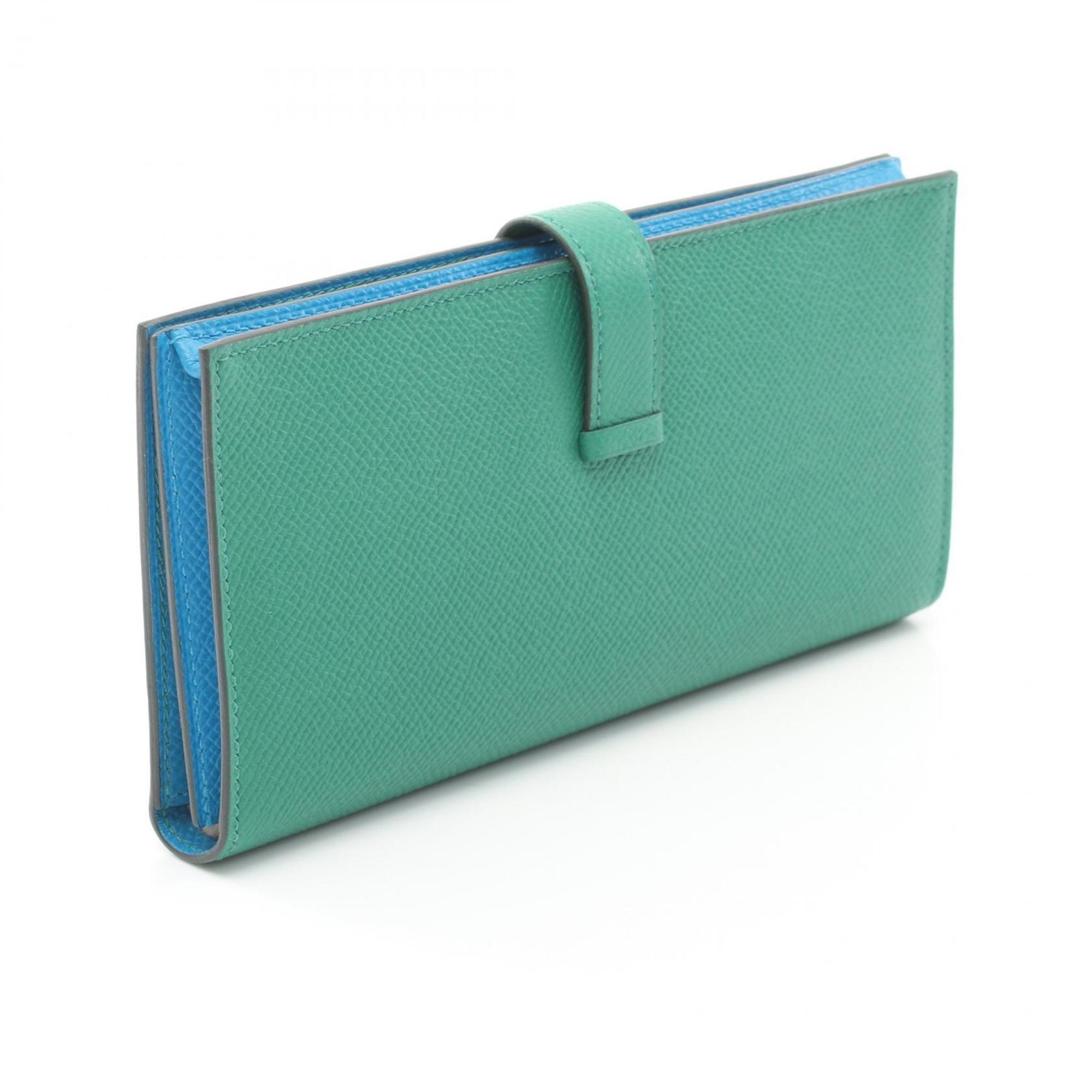 Hermes HERMES Bearn Soufflet Verso Bi-fold Long Wallet Epsom Leather Women's Green Blue