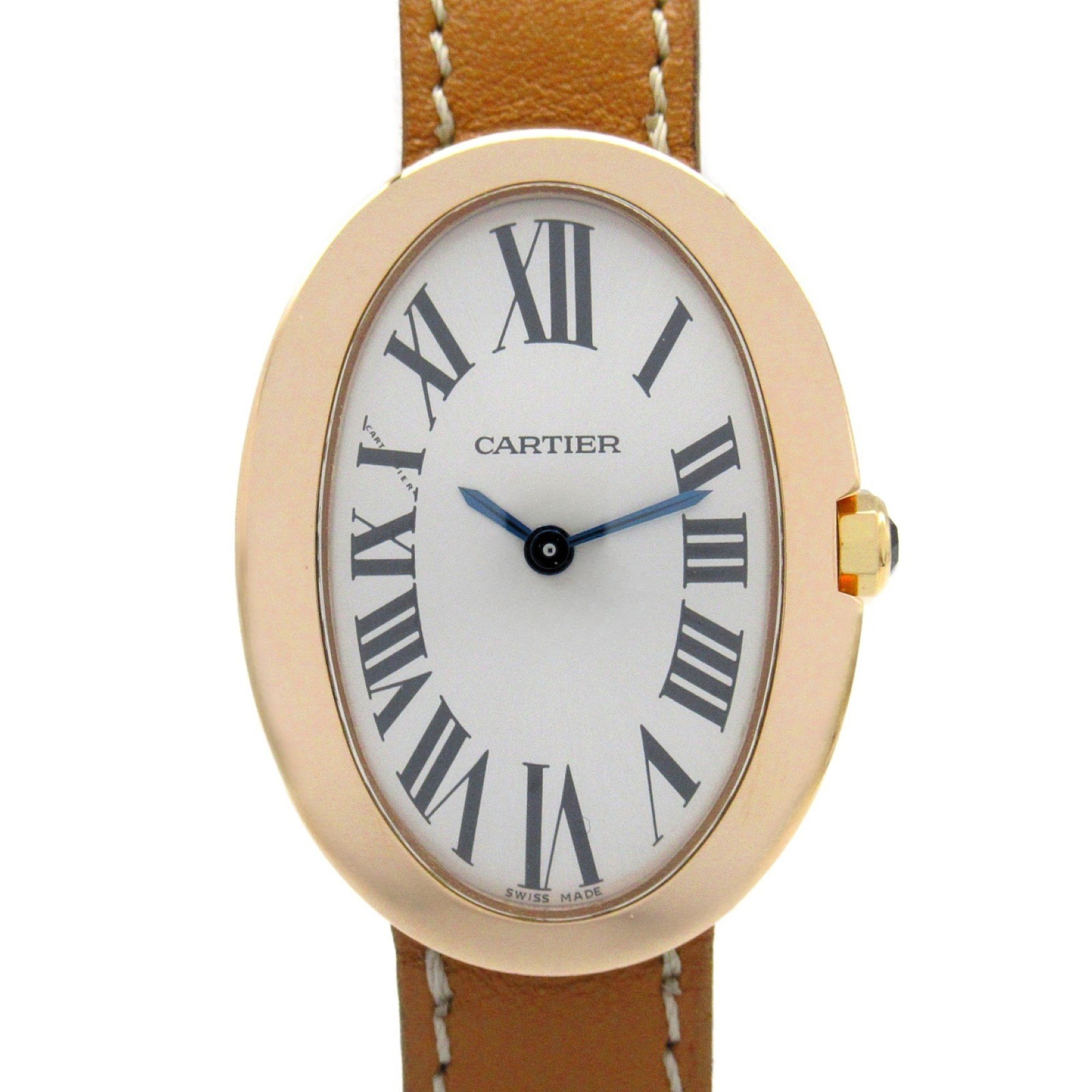 Cartier Baignoire Wristwatch, K18PG (pink gold), leather strap, ladies, silver, W800007