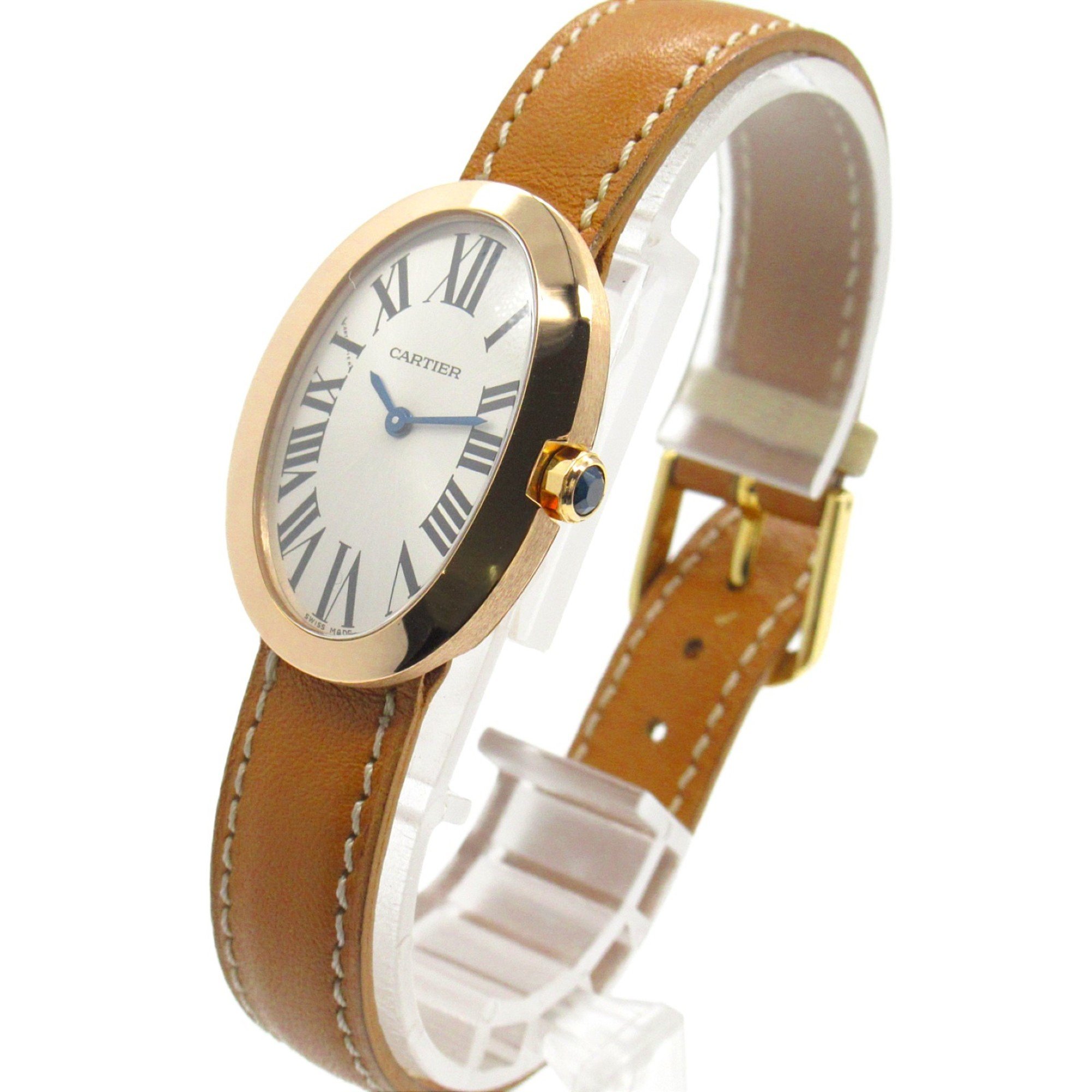 Cartier Baignoire Wristwatch, K18PG (pink gold), leather strap, ladies, silver, W800007