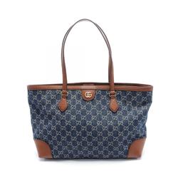 GUCCI Medium Tote GG Denim Bag Leather Women's Navy Brown 631685