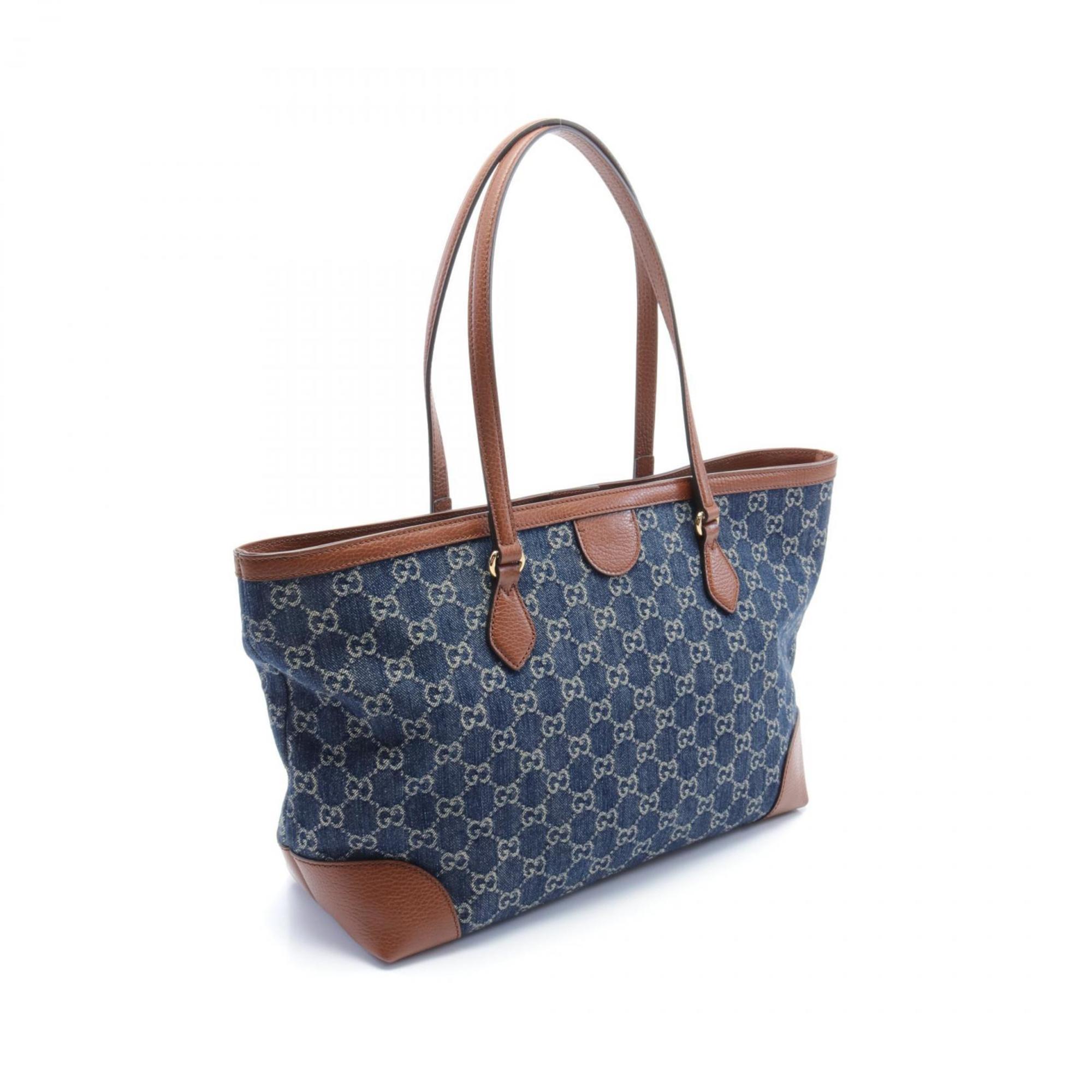 GUCCI Medium Tote GG Denim Bag Leather Women's Navy Brown 631685