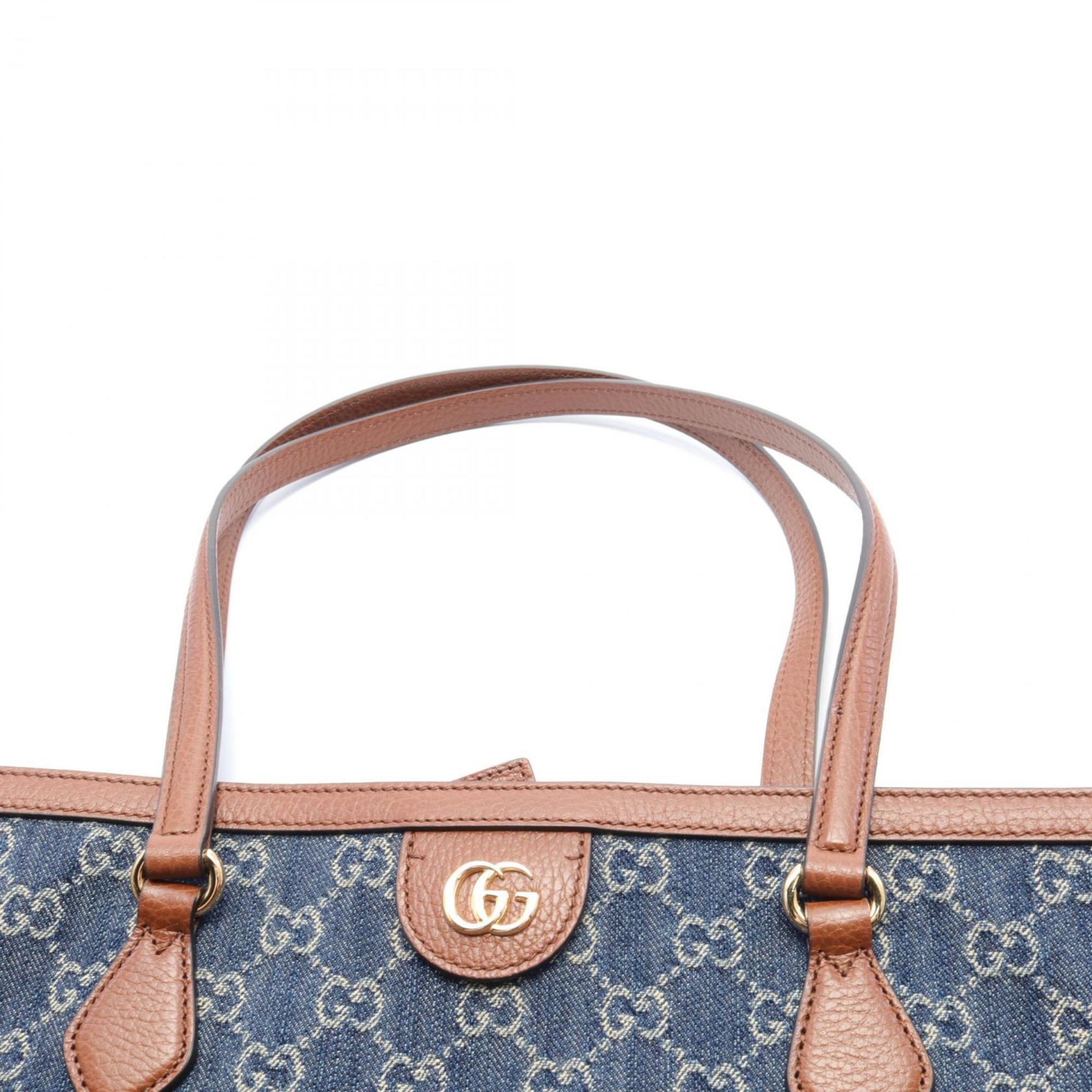 GUCCI Medium Tote GG Denim Bag Leather Women's Navy Brown 631685