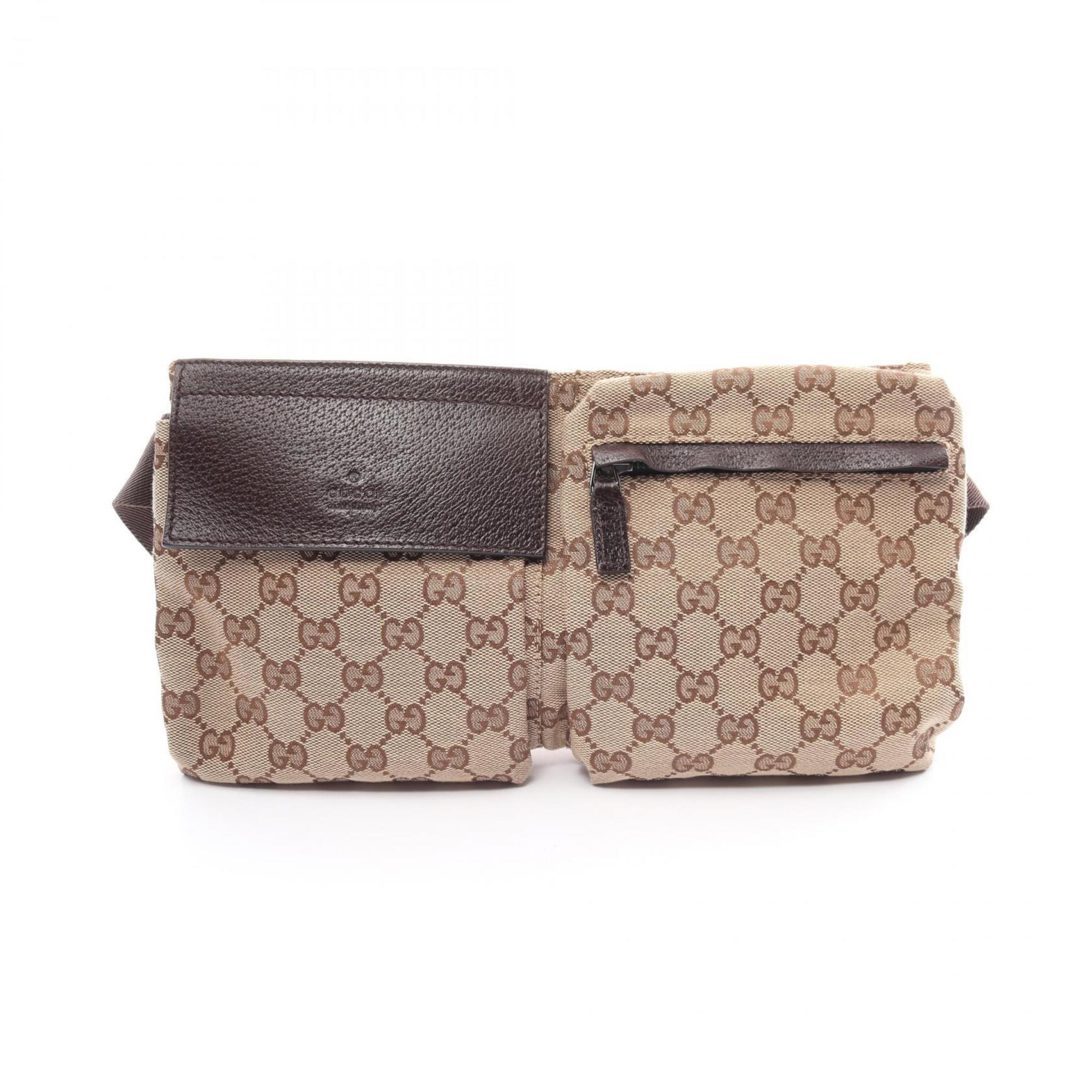 Gucci GG Canvas Waist Bag Body Leather Men Women Beige Brown 28566