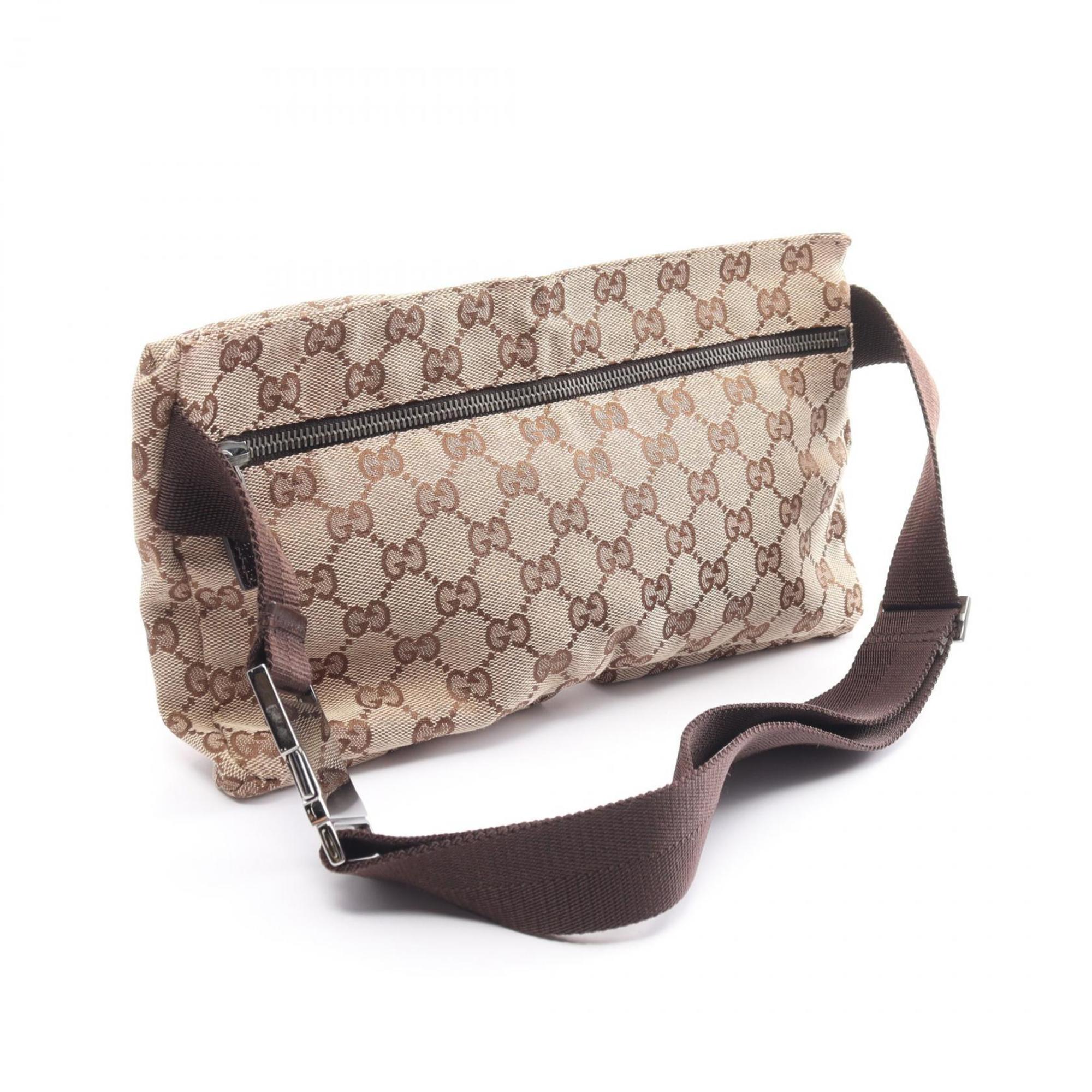 Gucci GG Canvas Waist Bag Body Leather Men Women Beige Brown 28566