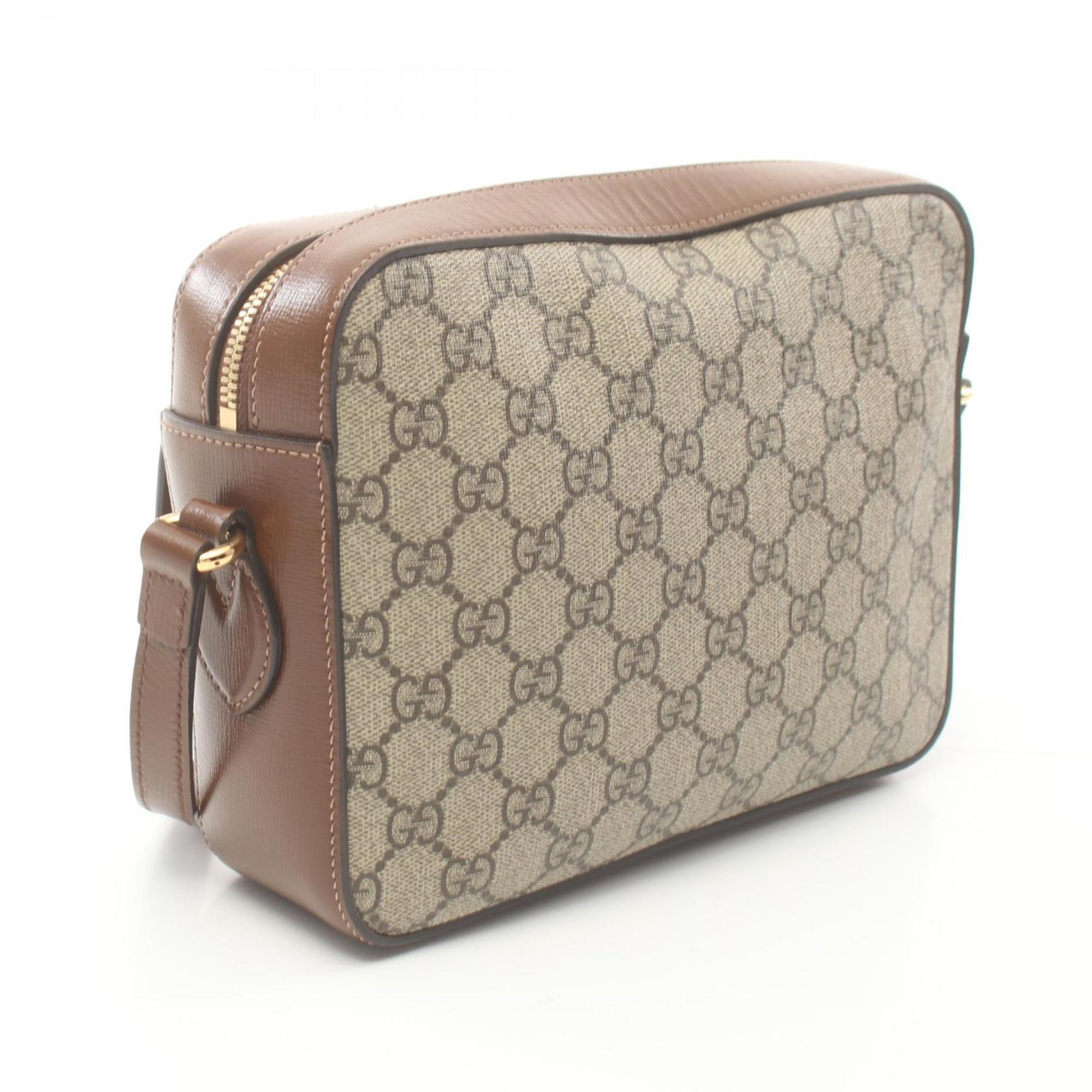 GUCCI Horsebit 1955 Small GG Supreme Shoulder Bag Coated Canvas Leather Women's Beige Brown 645454