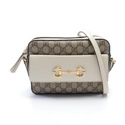 GUCCI Horsebit 1955 Small Shoulder Bag, Coated Canvas, Leather, Women's, Beige, Brown, White, 645454