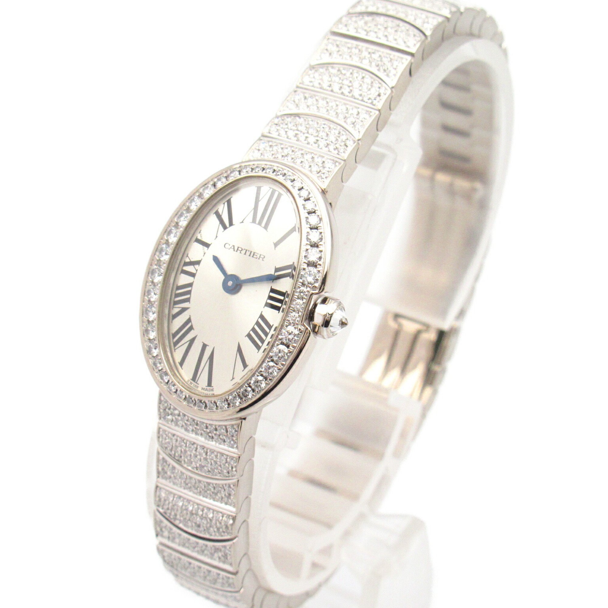 Cartier Baignoire Full Diamond Bezel Bracelet Wristwatch K18WG (White Gold) Ladies Silver HPI00327