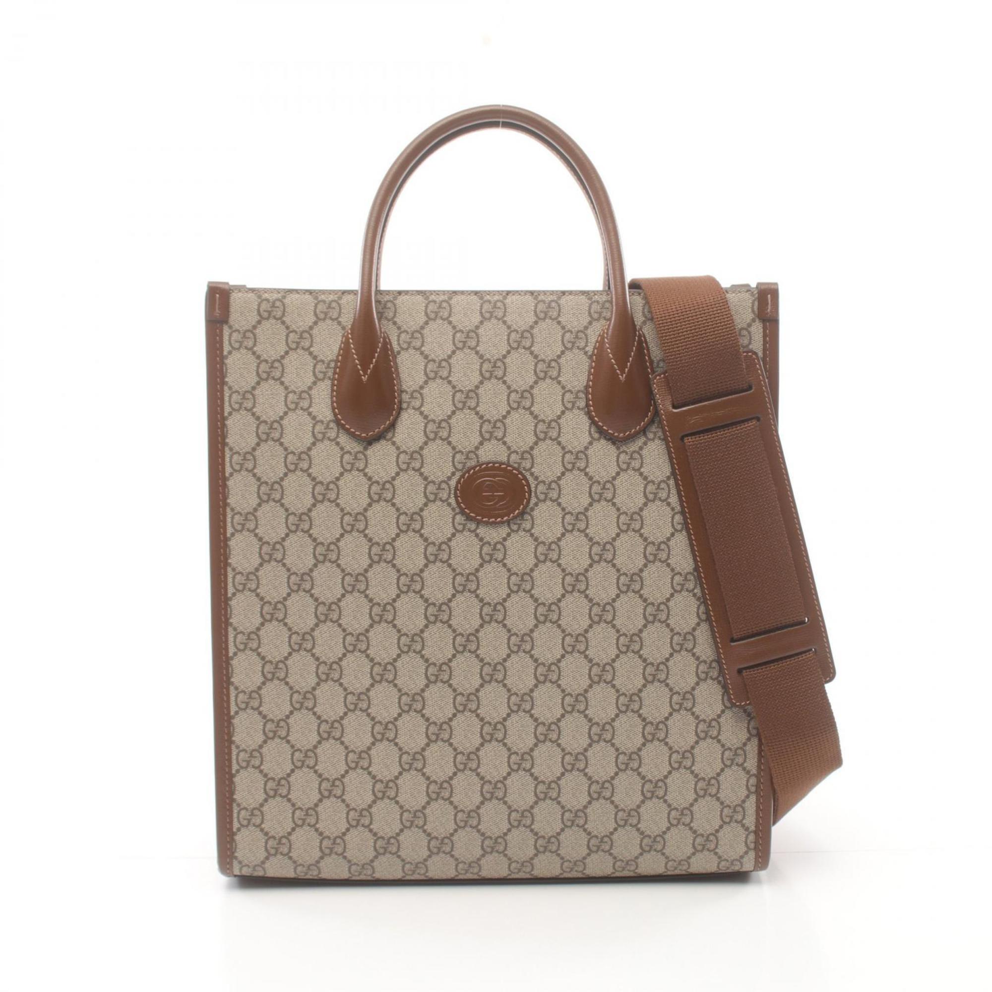 Gucci GG Supreme Tote Bag with Interlocking G, Coated Canvas, Leather, Women's, Beige, Brown, 72330892THG8563