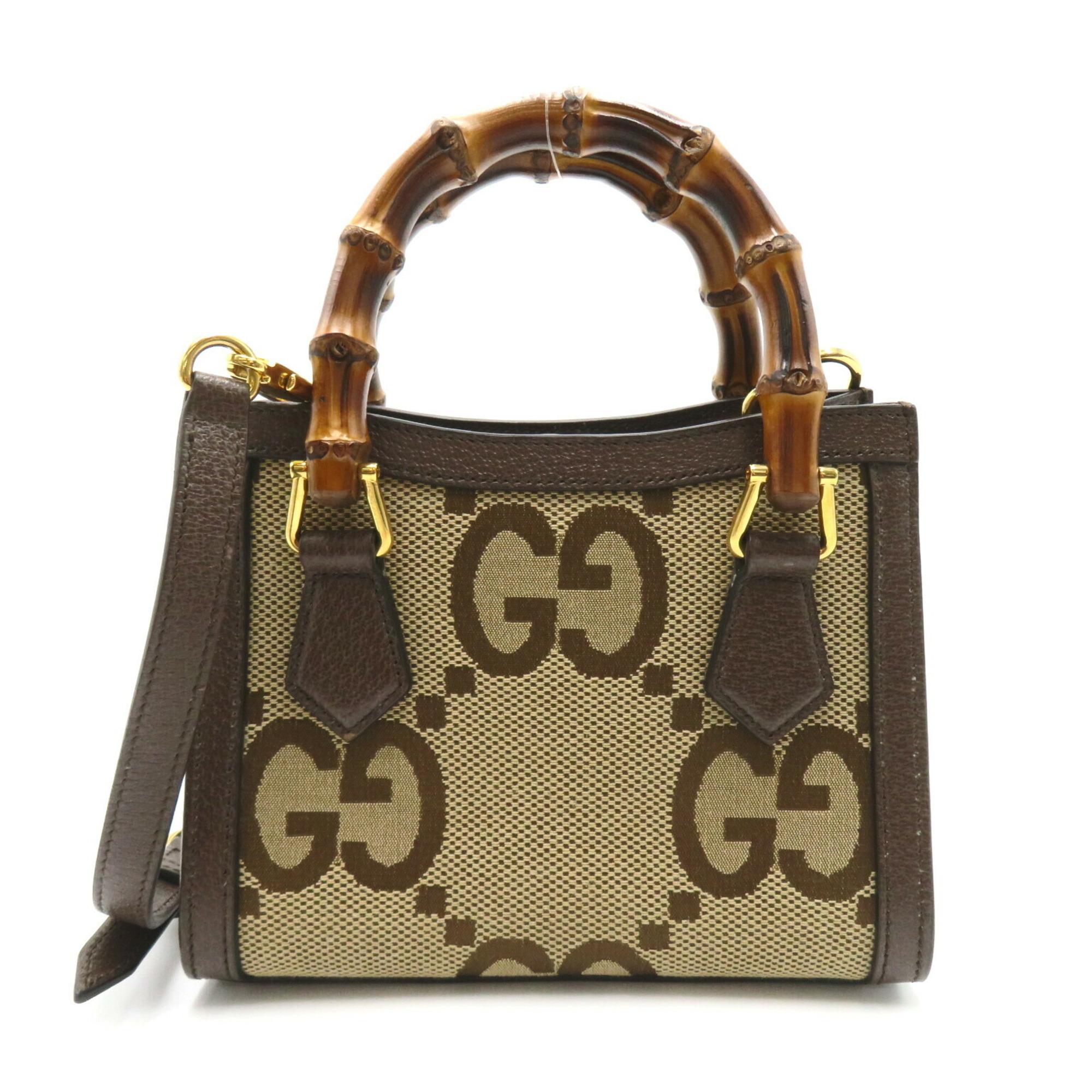 Gucci Jumbo GG 2-way shoulder bag, canvas, leather, bamboo handle, women's, beige, brown, 655661