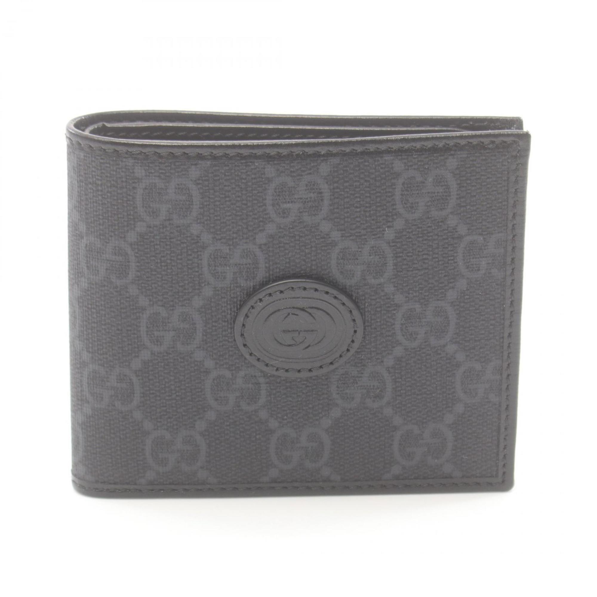 Gucci Interlocking G GG Supreme Bi-fold Wallet Coated Canvas Leather Men's Grey Black 67165292TCN1000