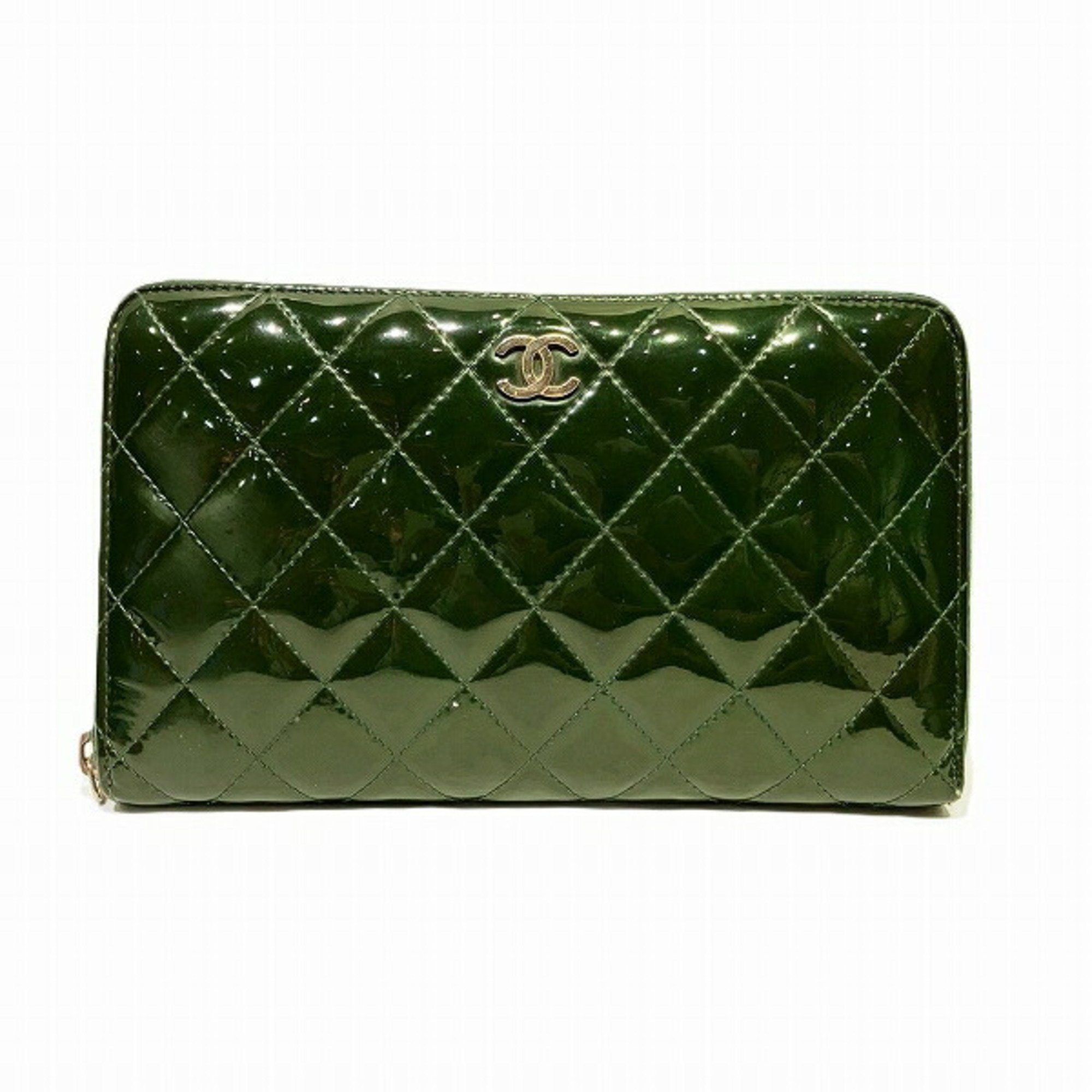 CHANEL Matelasse Round Green Enamel Wallet Long for Women