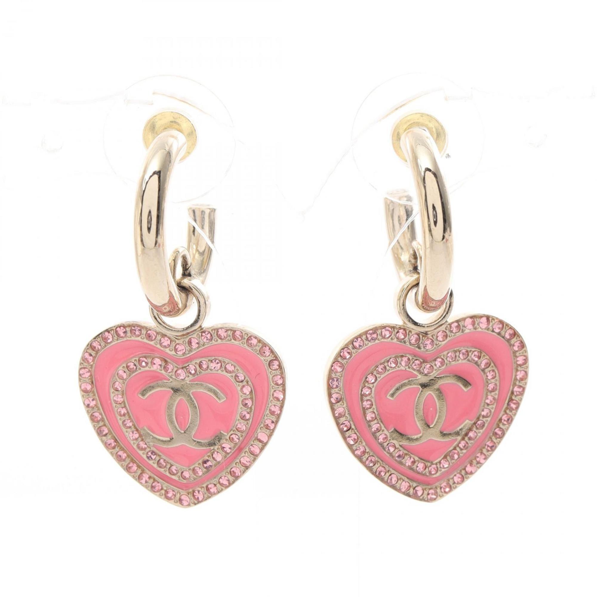 CHANEL Coco Mark Heart Earrings GP (Gold Plated) Rhinestones Women's Gold Pink B24S