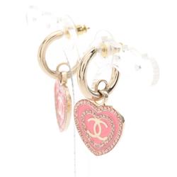 CHANEL Coco Mark Heart Earrings GP (Gold Plated) Rhinestones Women's Gold Pink B24S