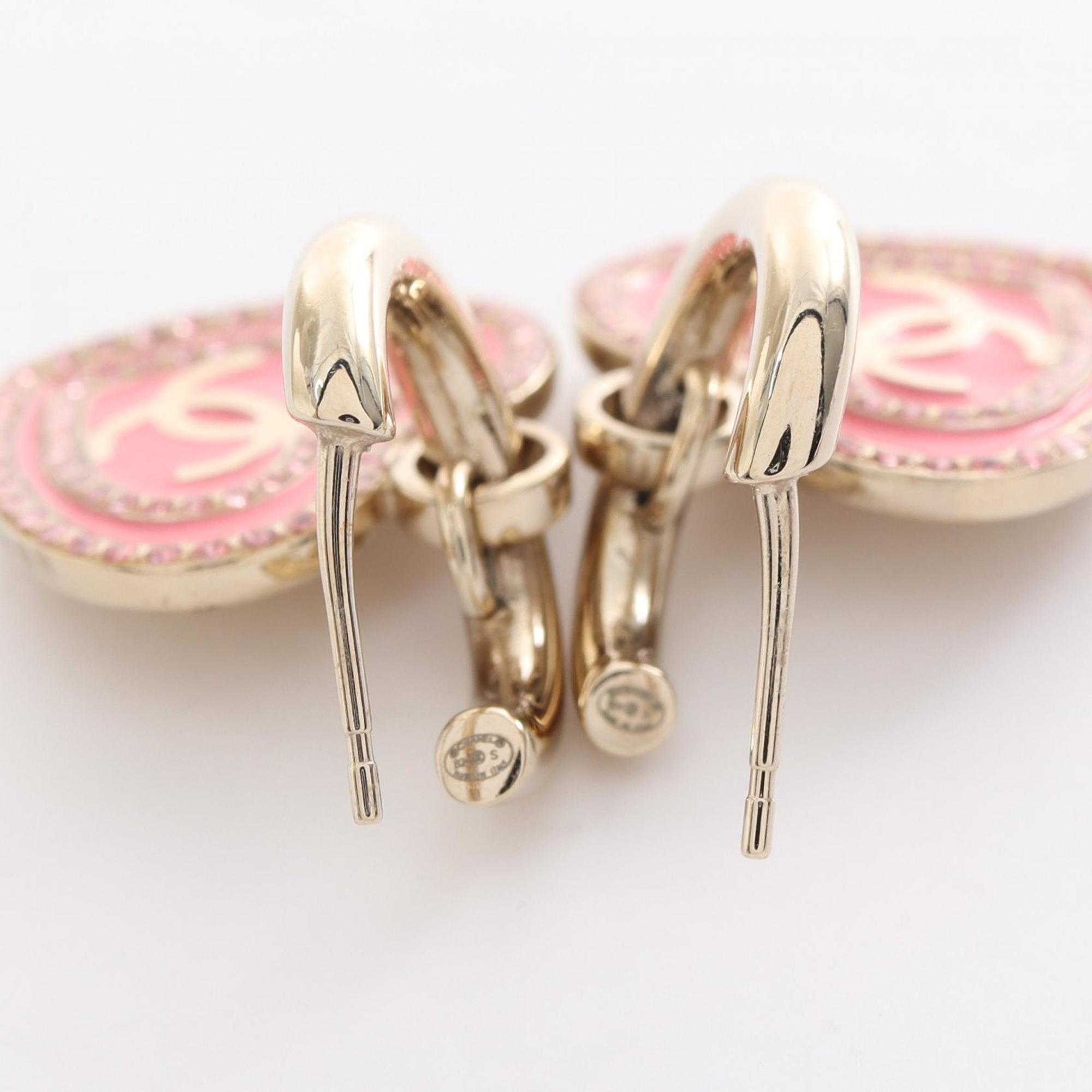 CHANEL Coco Mark Heart Earrings GP (Gold Plated) Rhinestones Women's Gold Pink B24S