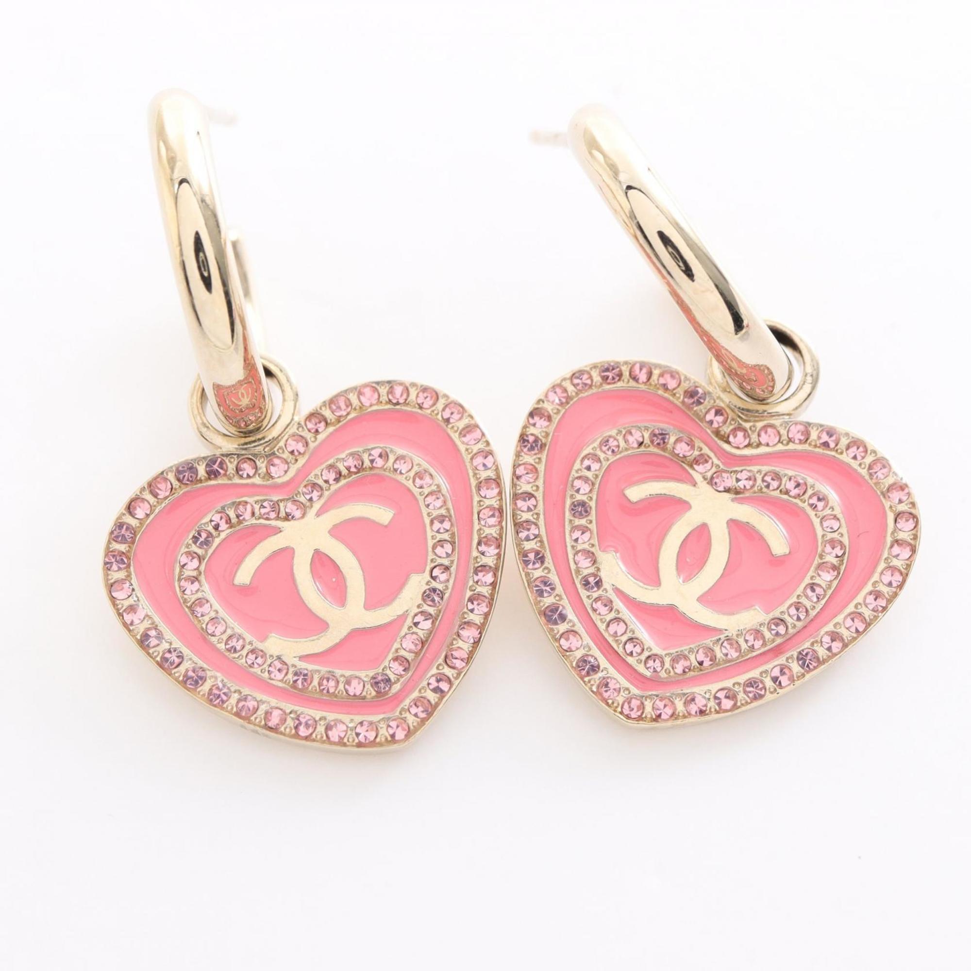 CHANEL Coco Mark Heart Earrings GP (Gold Plated) Rhinestones Women's Gold Pink B24S