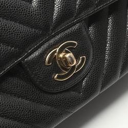 CHANEL Chevron V-stitch shoulder bag, caviar skin, women's, black