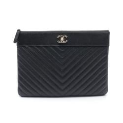 CHANEL Chevron V-stitch Second Bag Clutch Leather Women's Black