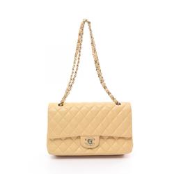 CHANEL Matelasse Double Flap Shoulder Bag, Caviar Skin, Women's, Beige, A01112