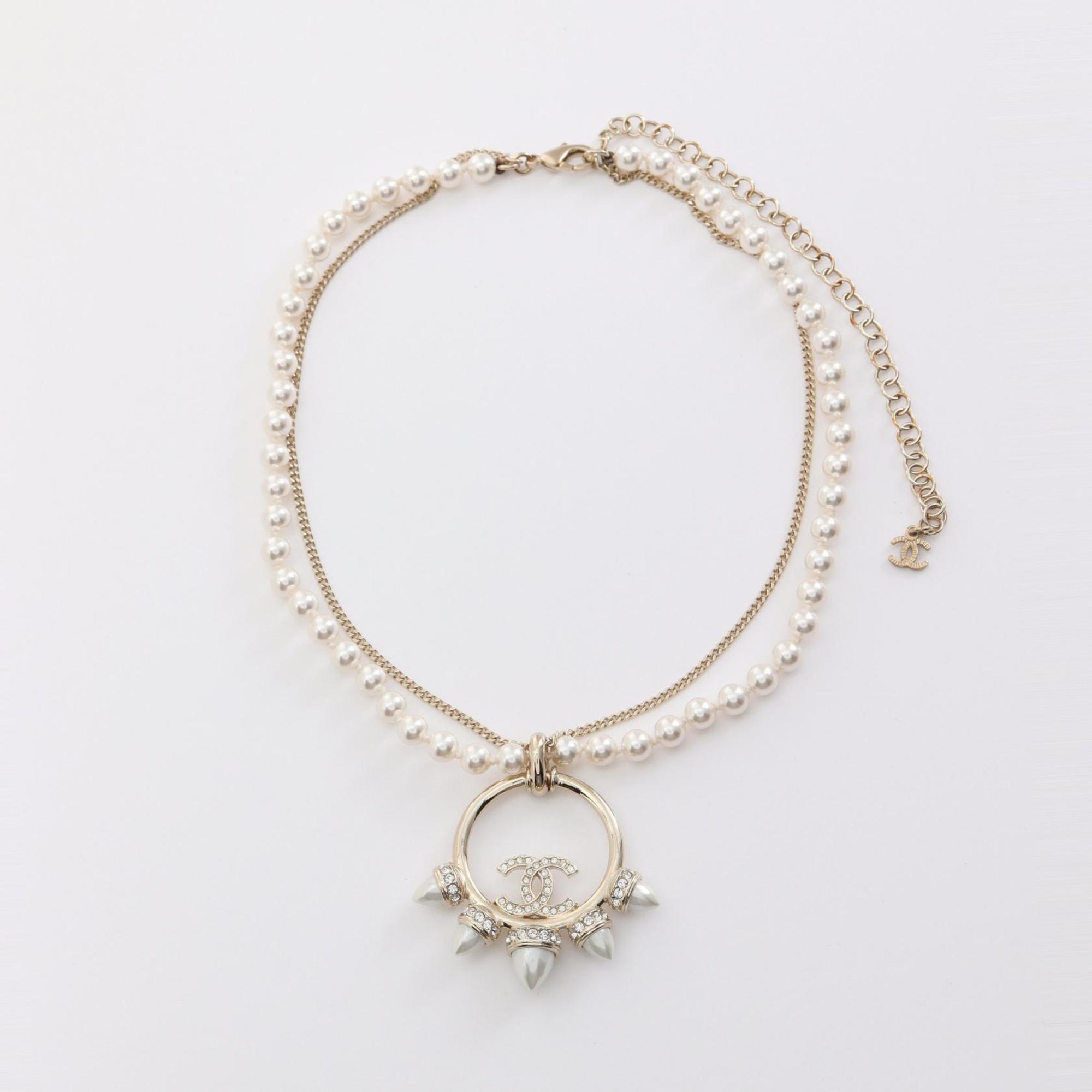 CHANEL Coco Mark Necklace GP (Gold Plated) Fake Pearl Rhinestone Women's Gold White Clear A22C