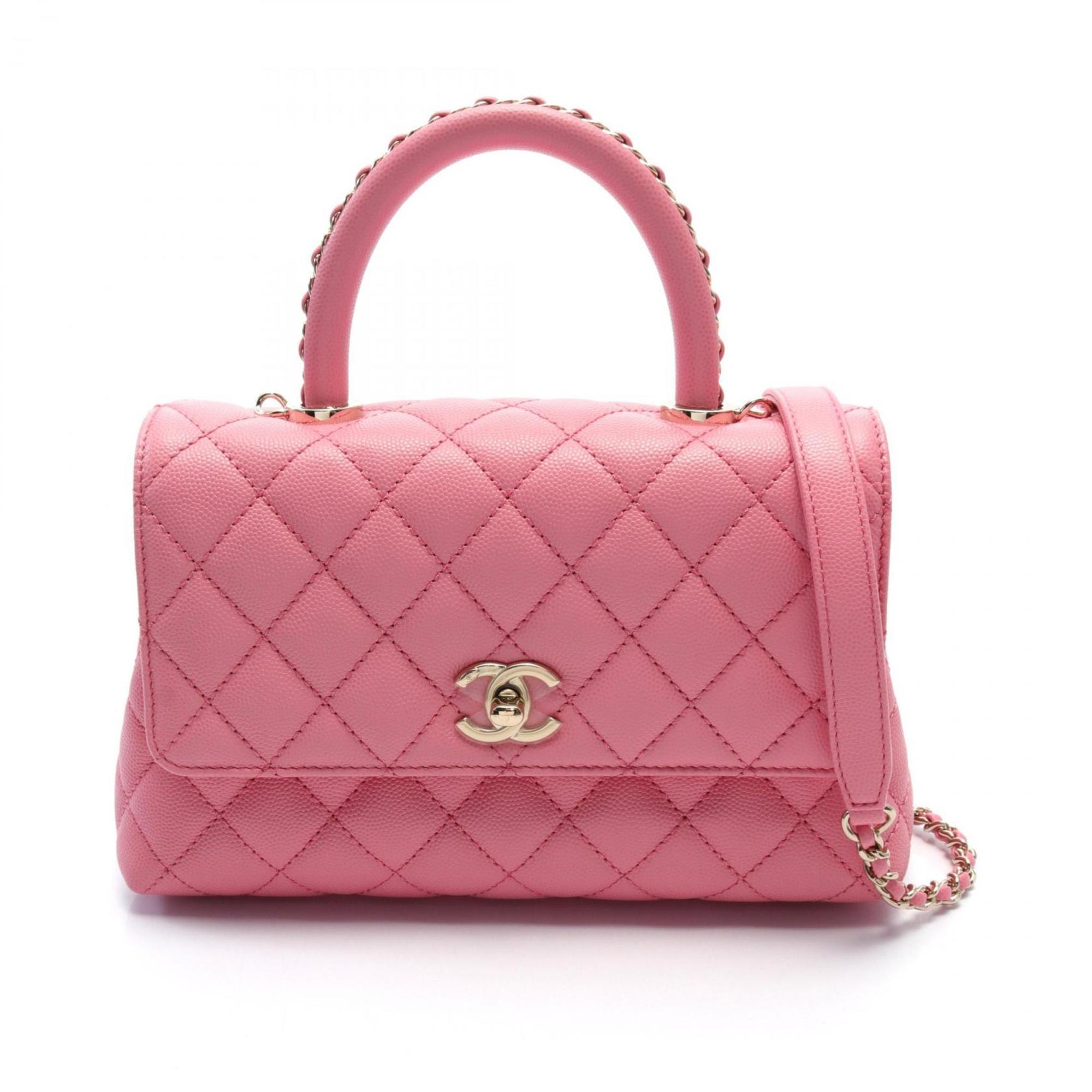 CHANEL Coco Handle Flap Matelasse Handbag Bag Caviar Skin Women's Pink A92990