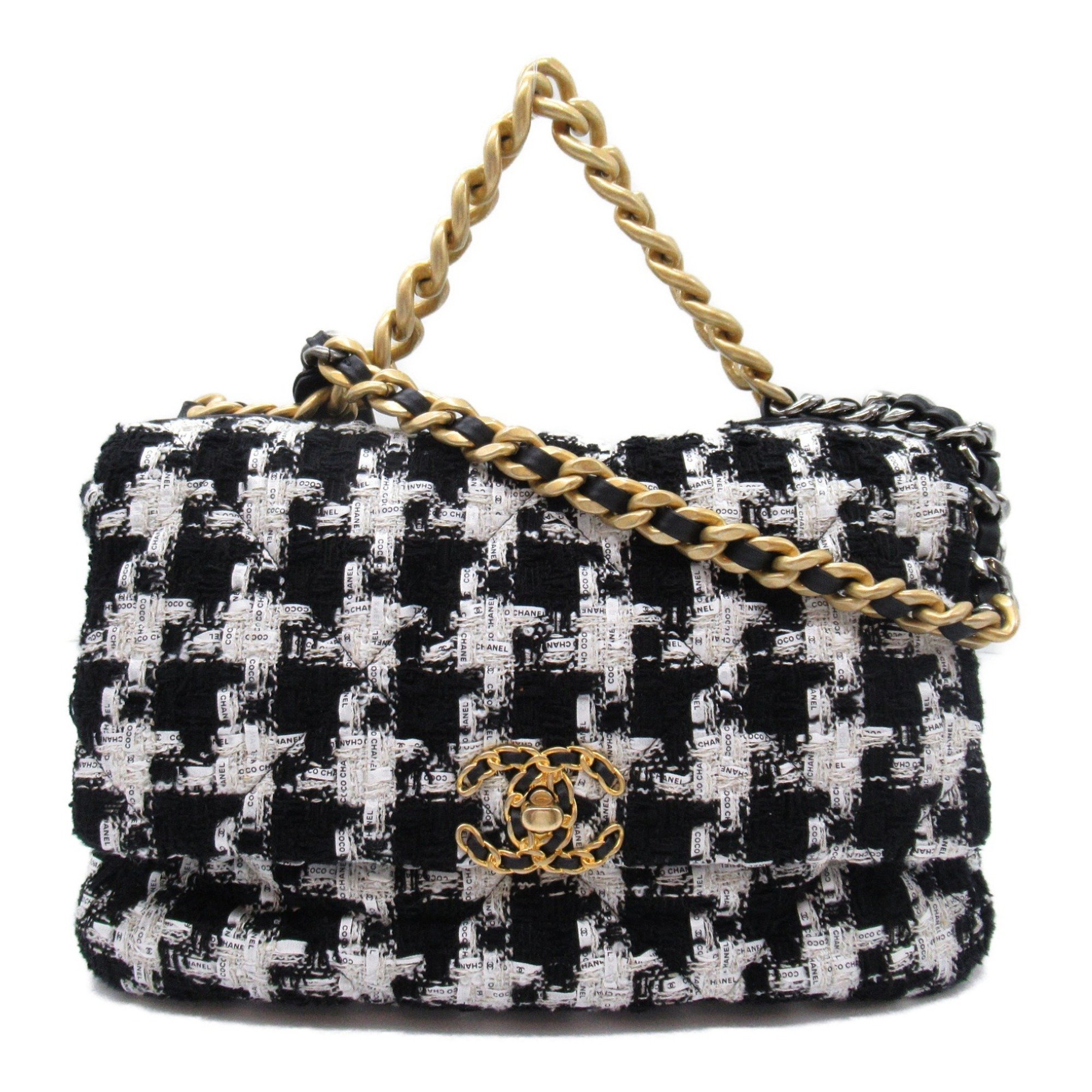 Chanel CHANEL CHANEL19 Chain Shoulder Bag Tweed Women's Black Houndstooth