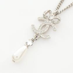 CHANEL Coco Mark Necklace Stainless Steel Faux Pearl Rhinestone Women's Silver White Clear A22