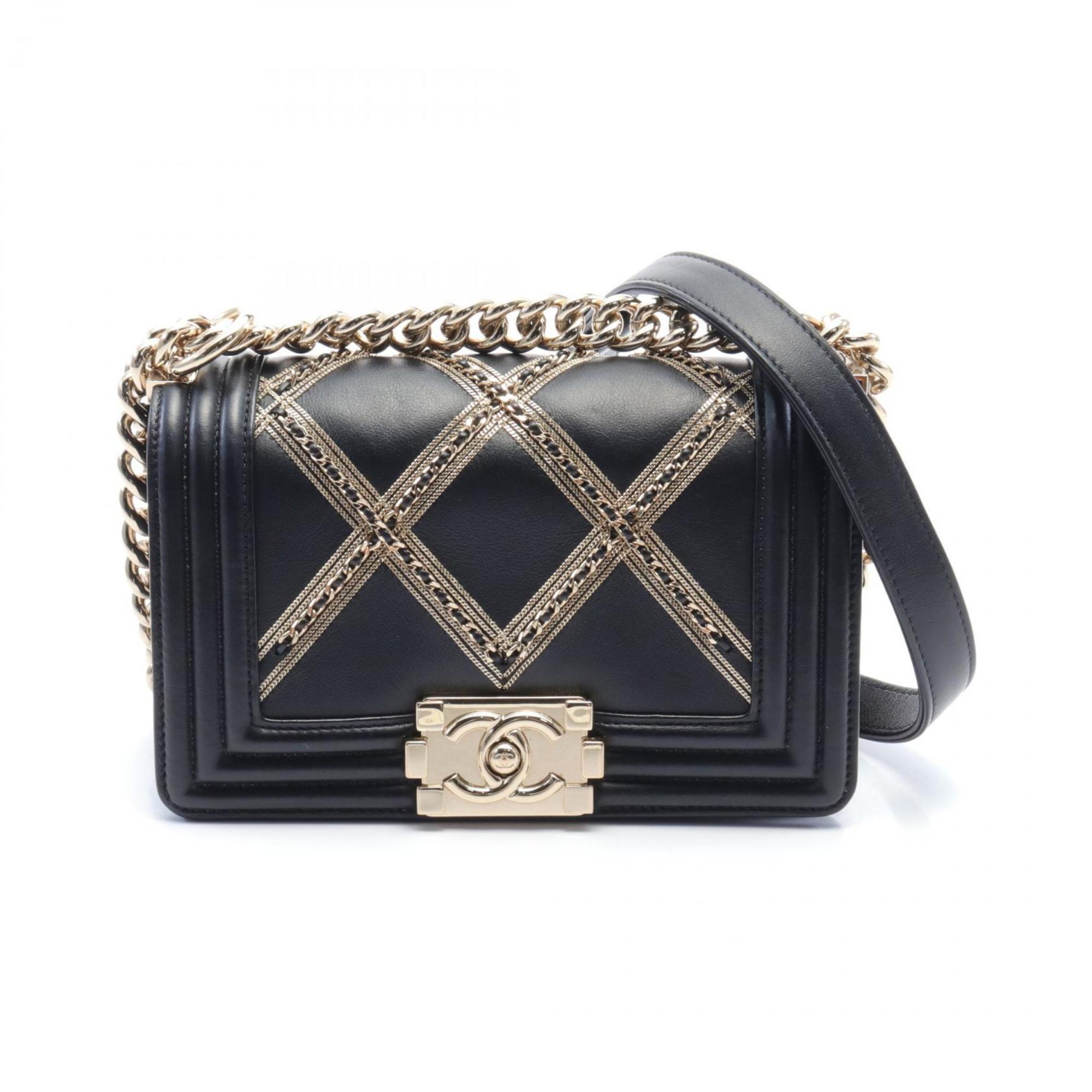 CHANEL Boy Chanel Matelasse Shoulder Bag Leather Women's Black Gold