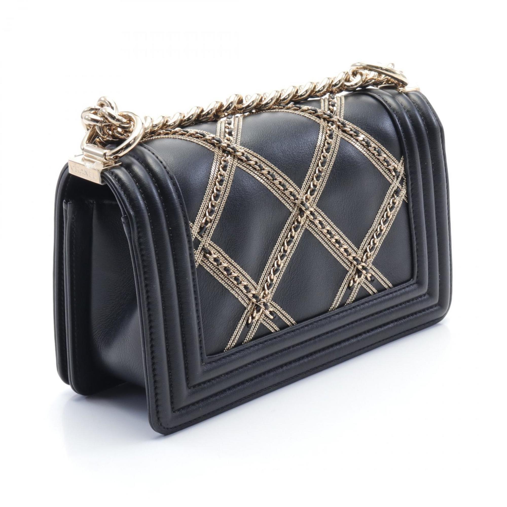 CHANEL Boy Chanel Matelasse Shoulder Bag Leather Women's Black Gold