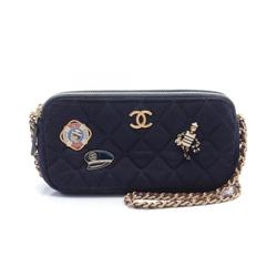 CHANEL Shoulder Bag Wool Leather Women's Navy Multicolor