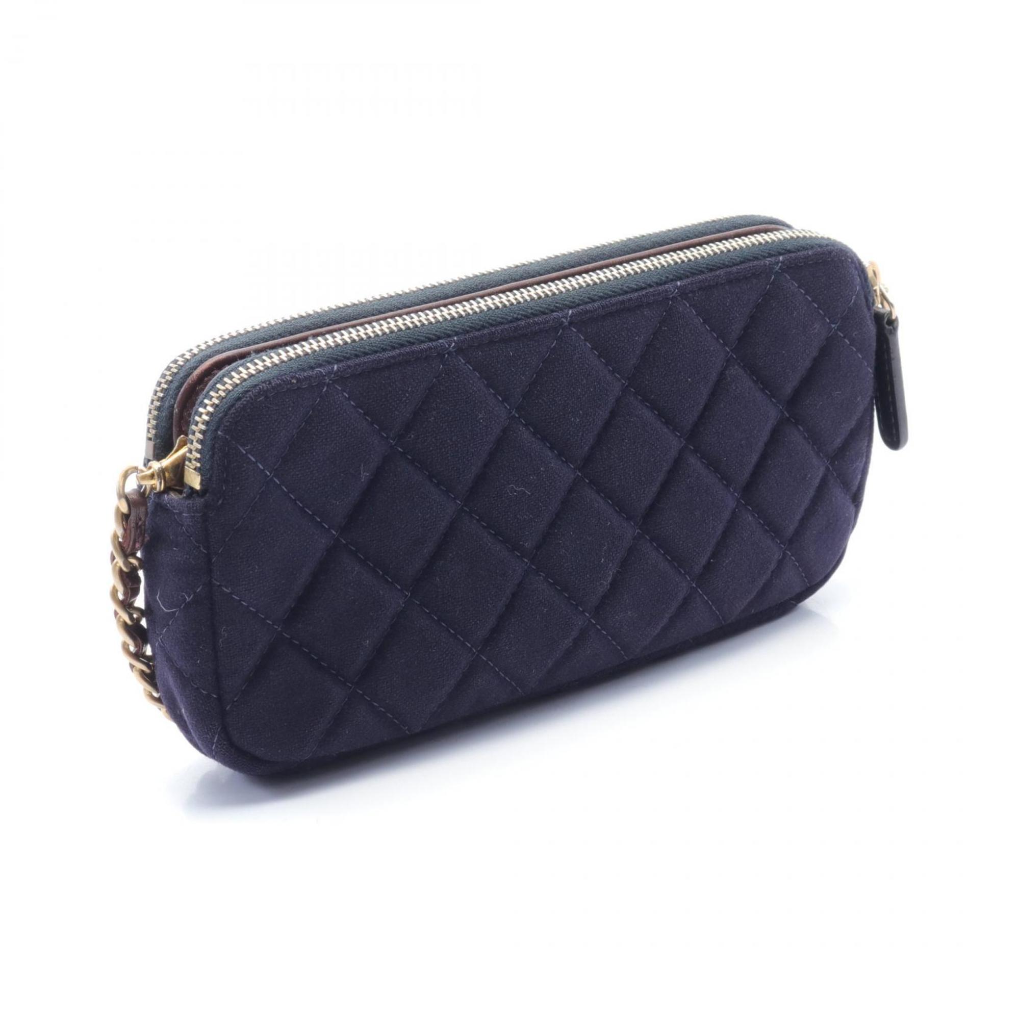 CHANEL Shoulder Bag Wool Leather Women's Navy Multicolor