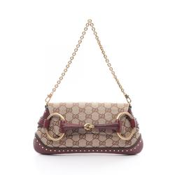 GUCCI Horsebit GG Canvas Handbag Bag Leather Women's Beige Bordeaux 119186