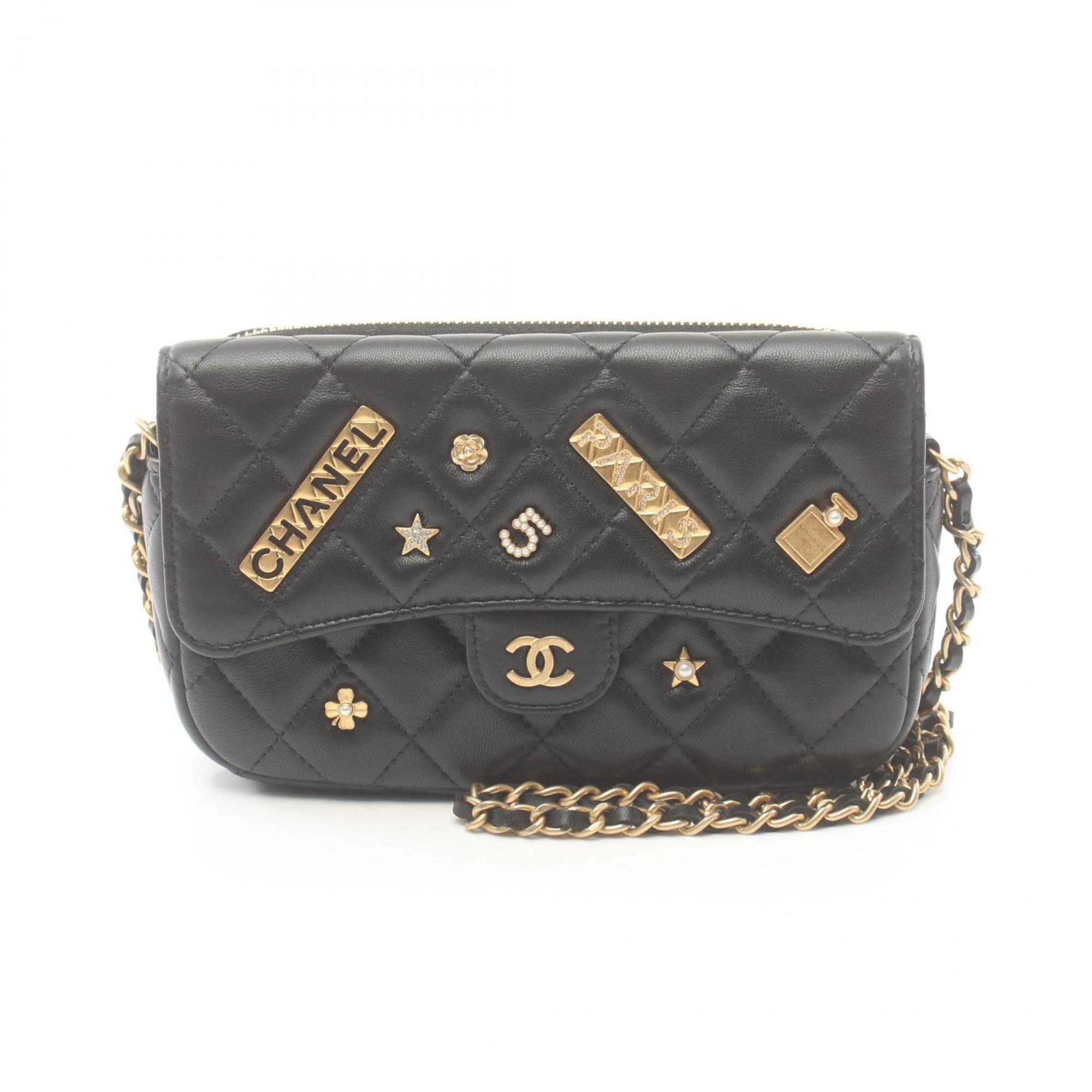 CHANEL Matelasse Chain Phone Case Wallet Shoulder Bag Lambskin Women's Black AP2096