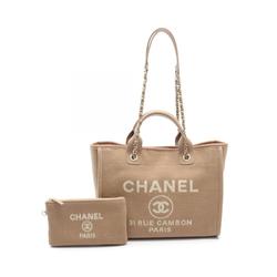 CHANEL Deauville Small Tote Bag Canvas Leather Women's Brown AS3257