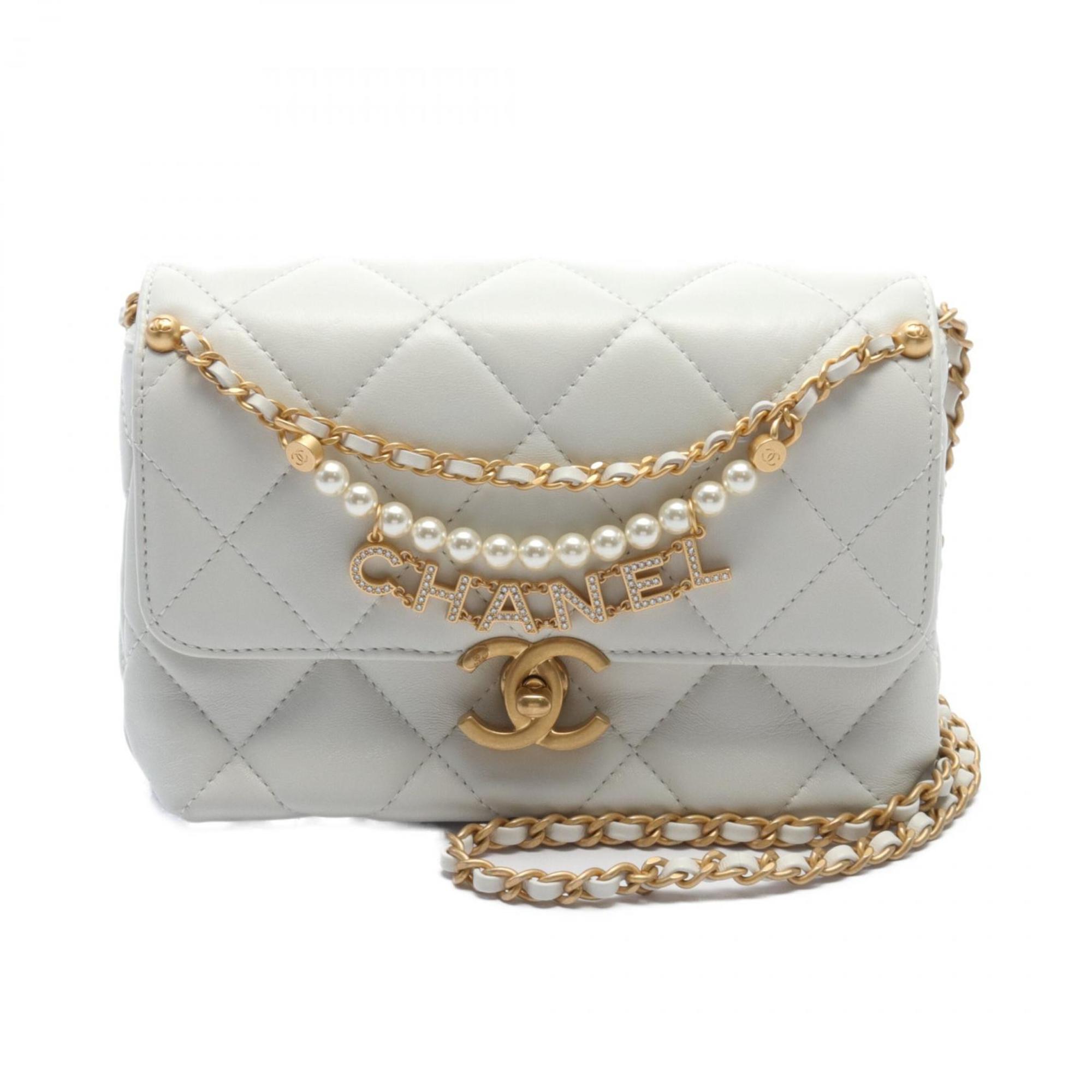 CHANEL Matelasse Flap Bag Shoulder Lambskin Women's White AS4986