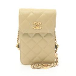 CHANEL Matelasse Phone Holder Shoulder Bag, Lambskin, Women's, Beige, AP3415