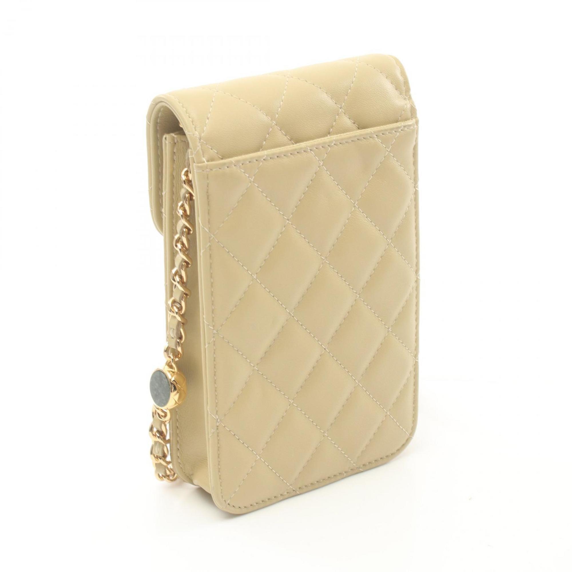 CHANEL Matelasse Phone Holder Shoulder Bag, Lambskin, Women's, Beige, AP3415