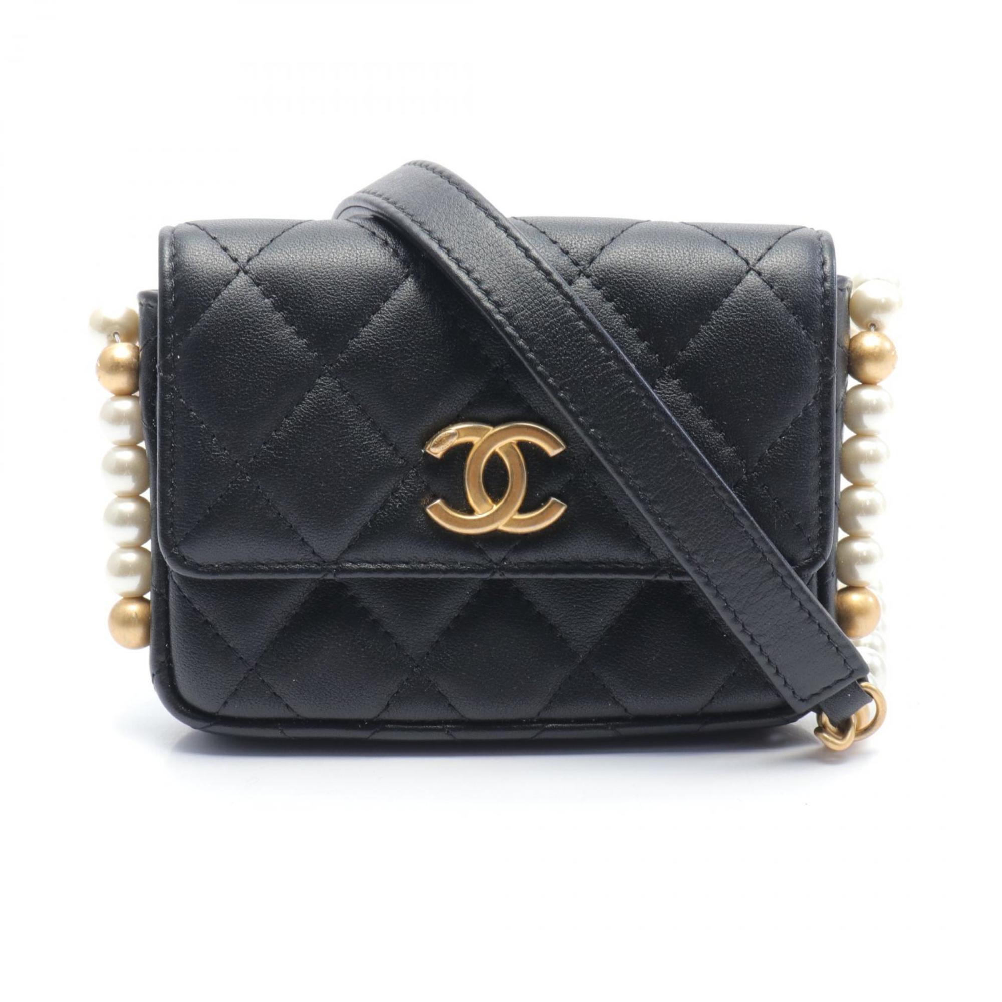 CHANEL Matelasse Shoulder Bag, Lambskin, Faux Pearl, Women's, Black, AP2185