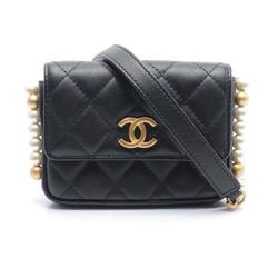 CHANEL Matelasse Shoulder Bag, Lambskin, Faux Pearl, Women's, Black, AP2185