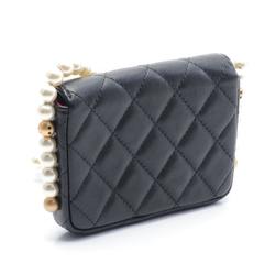 CHANEL Matelasse Shoulder Bag, Lambskin, Faux Pearl, Women's, Black, AP2185