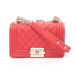 CHANEL Boy Chanel Small Matelasse Shoulder Bag, Caviar Skin, Women's, Red, A67085